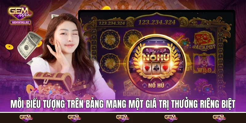 Mỗi biểu tượng trên bảng mang một giá trị thưởng riêng biệt Mỗi biểu tượng trên bảng mang một giá trị thưởng riêng biệt